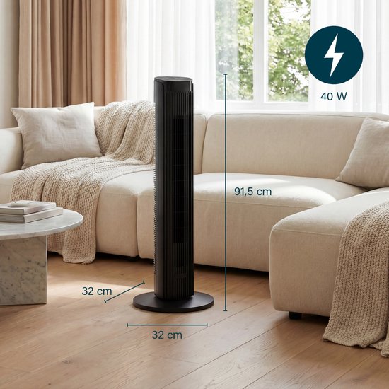 Ventilateur colonne Princess DC 91 cm – Ultra silencieux – 12 vitesses – 4 modes de ventilation – Oscillation à 90° – Minuterie 1 à 24 heures – Avec télécommande – Noir - 352370