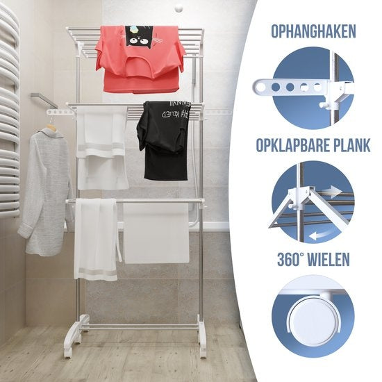Avalo Clothes Rack - Tour de séchage à roulettes - 4 niveaux - pliable - blanc