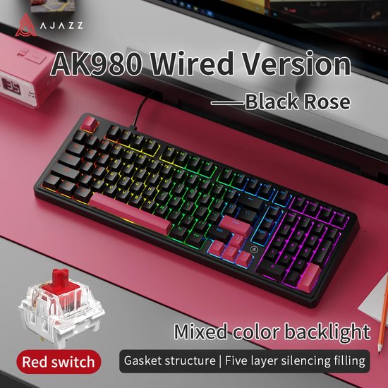 Clavier gaming mécanique filaire AJAZZ AK980 - Disposition à 98 % avec pavé numérique - Fixation par joint d'étanchéité - Remplacement à chaud - RGB - QWERTY américain - Commutateurs rouges - Noir/Rose