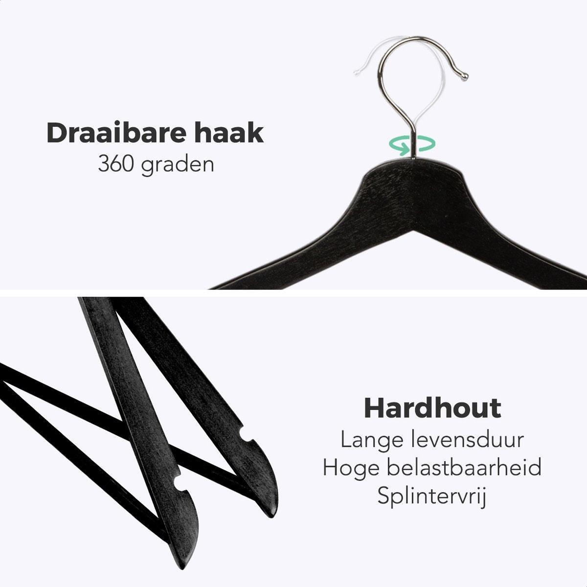 LifeGoods Cintres - Avec barre de pantalon - Bois dur - Noir - 30 pièces