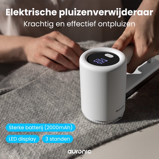 Auronic Electric Lint Remover Pro - Tondeuse à peluches - Autonomie 120 minutes - Rechargeable - Affichage LED - Défoliateur - Blanc