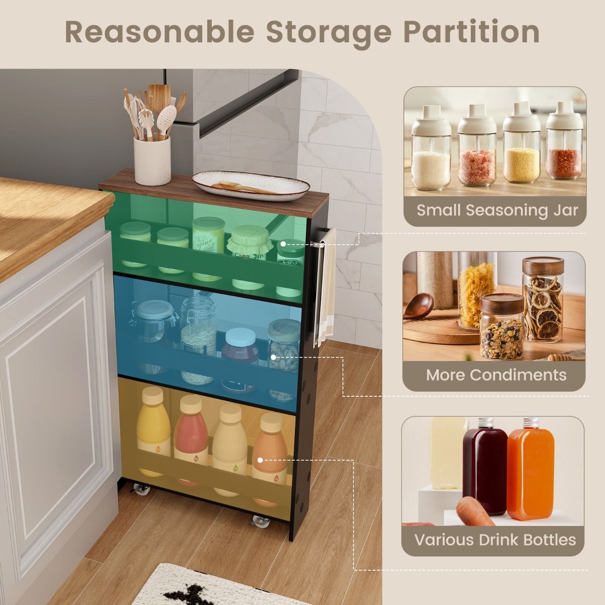 Coast Kitchen Trolley On Wheels - 4-Layer - 47.5 x 13 x 80.5 cm - Black/Nature