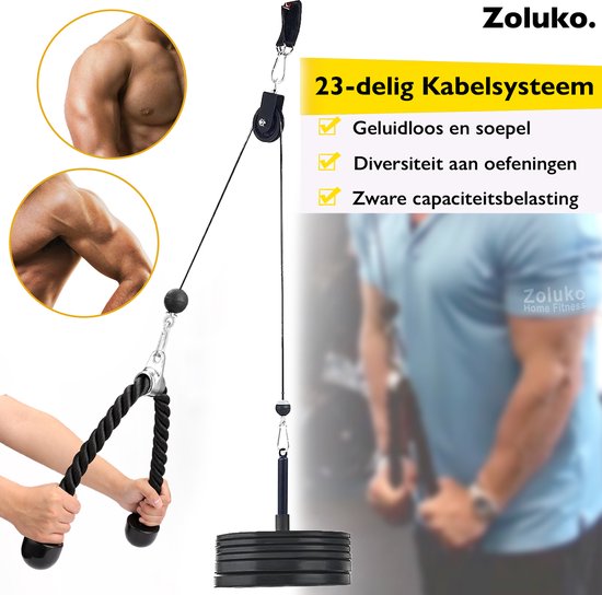 Zoluko Home Fitness Cable System 23-Piece Set - Incl. E-book - Station de musculation pour le sport à domicile - Incl. Triceps Rope, Biceps Rod and Handles - 100kg Carrying Capacity - Easy Attachment - Strength Training - Lat Pulley - Home Gym - Black/Sil