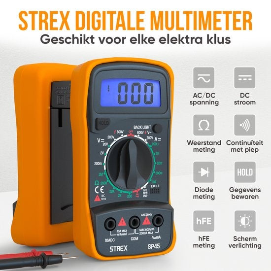 Strex Digital Multimeter - AC / DC - Batterie Duracell 9V, pince et étui de rangement inclus - Multimètre