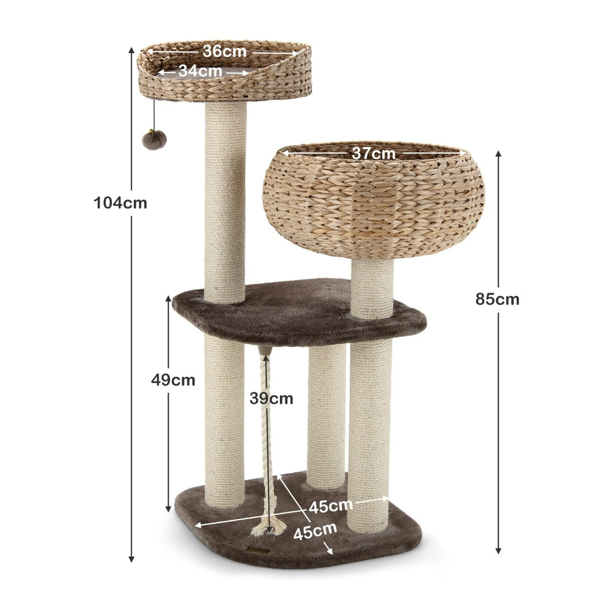 Coast 104 cm Cat Tree gemaakt van hout met bedden en speelgoedbal en sisal gewikkelde kolommen