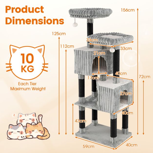 Arbre à chat Costway - 2 maisonnettes et 2 couchages - 59 x 40 x 156 cm - Gris clair