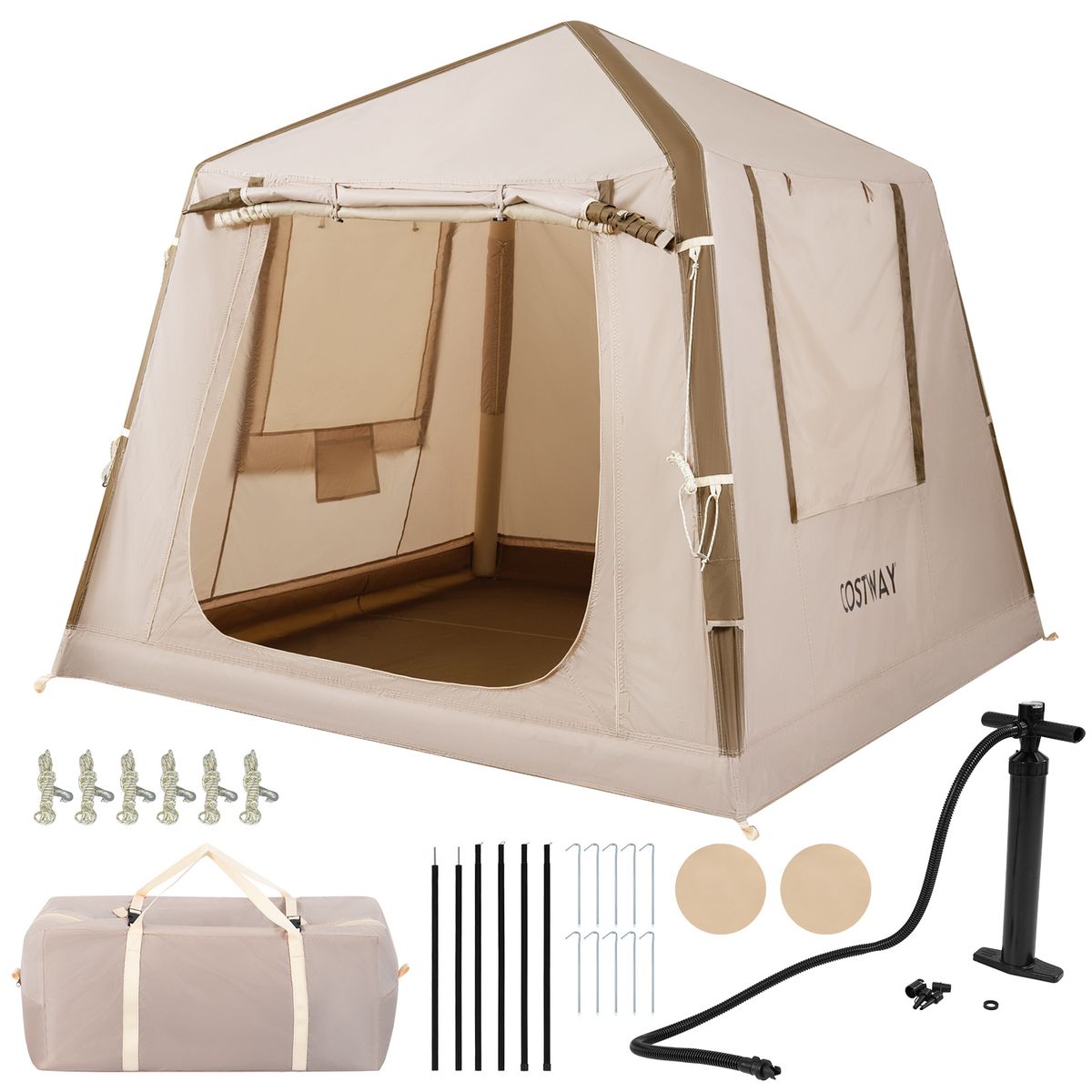 Tente de camping gonflable Coast - 2 à 4 personnes - Pompe et sac de transport inclus - Kaki - 210 x 210 x 180 cm