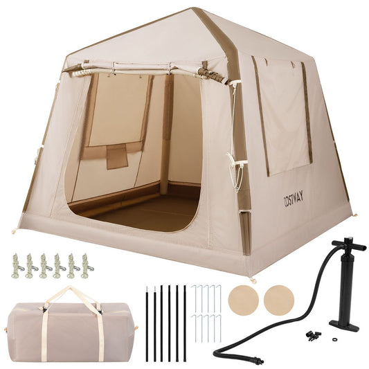 Tente de camping gonflable Coast - 2 à 4 personnes - Pompe et sac de transport inclus - Kaki - 210 x 210 x 180 cm