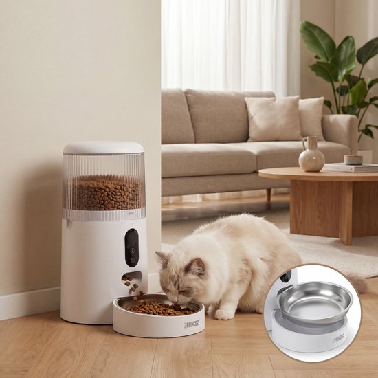 Mangeoire automatique Princess - Smart 4 litres - Chat et chien - Commande via application - Croquettes - Bol en acier inoxydable – Sans BPA – Batterie de secours - Distributeur automatique de nourriture - Distributeur de croquettes - 610040