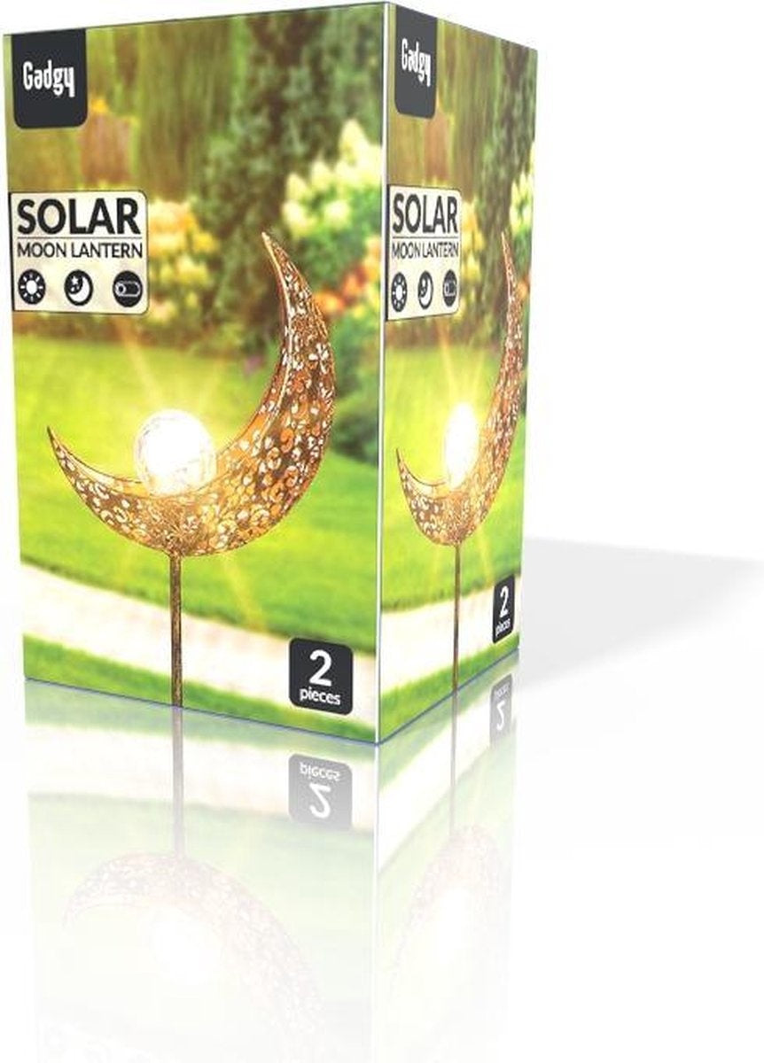 Gadgy Solar Tuinverlichting - Maan Lamp met grondspies - Tuinverlichting op zonneenergie Buiten - Set van 2 st. - Led Buitenverlichting met Sensor - Tuinlantaarn - Tuinfakkel 88 cm hoog - Tuinsteker - Brons - Metaal