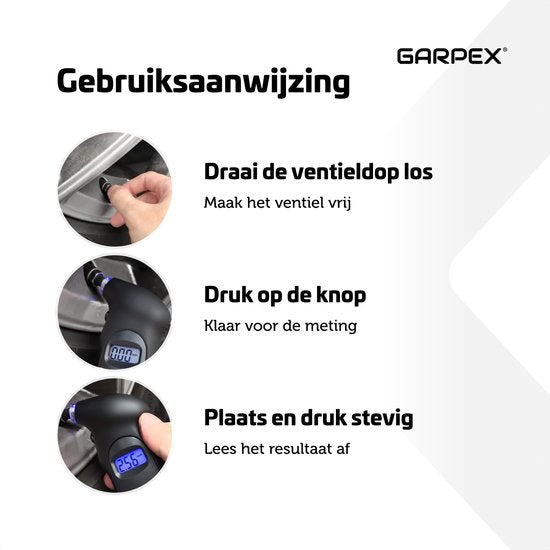 Garpex® Tyre Pressure Gauge - Manomètre pour pneus - Lampe de poche intégrée - Numérique - Manomètre