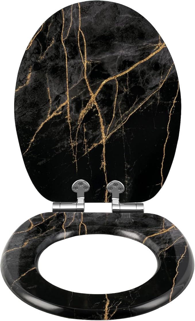 Siège de WC eSituro avec mécanisme Softclose – Universel – Équipé d'un système de fixation rapide, de patins antidérapants et d'un imprimé sur trois côtés – Pour WC et salle de bains – MDF multicolore et charnières en acier inoxydable – 375 x 440 mm