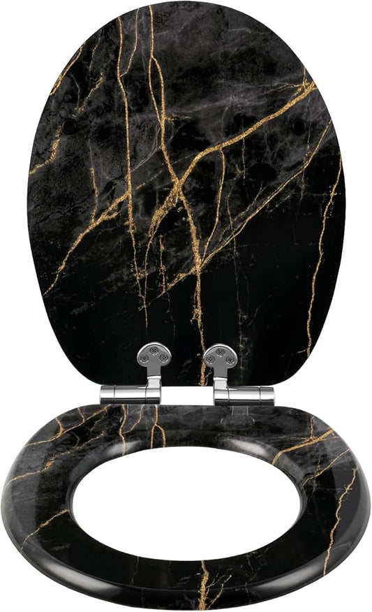 Siège de WC eSituro avec mécanisme Softclose – Universel – Équipé d'un système de fixation rapide, de patins antidérapants et d'un imprimé sur trois côtés – Pour WC et salle de bains – MDF multicolore et charnières en acier inoxydable – 375 x 440 mm