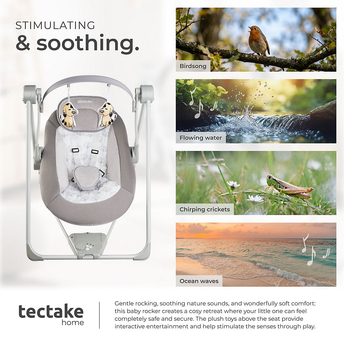 Balançoire pour bébé Tectake 75,5 x 56 x 68 cm - 5 vitesses/minuterie - 4 sons - Gris clair