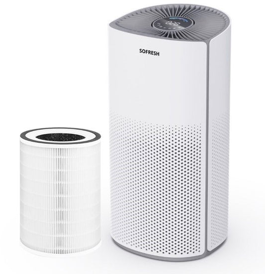Sofresh - Purificateur d'air avec application - Pour les pièces jusqu'à 30 m² & système de filtration 6 en 1 - Équipé d'un filtre Hepa et d'un indicateur de qualité de l'air - 195 x 195 x 388 mm - Plastique blanc