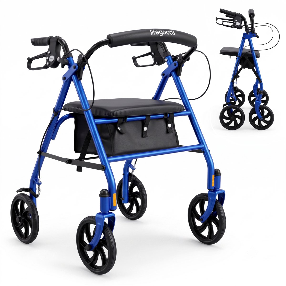 Rollator LifeGoods Basic : léger et pliable - Avec siège et dossier - Réglable de 79 à 89 cm - Capacité de charge de 136 kg - 66 x 59 x 79-89 cm - Bleu foncé