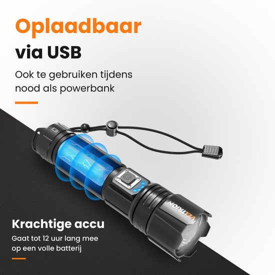 Lampe de poche LED rechargeable Veltrion - Accessoires gratuits - Lampe de poche militaire - 6 000 lumens - Batterie 26650 - 5 modes - Fonction batterie externe - Lampe de poche à piles - Kit d'urgence