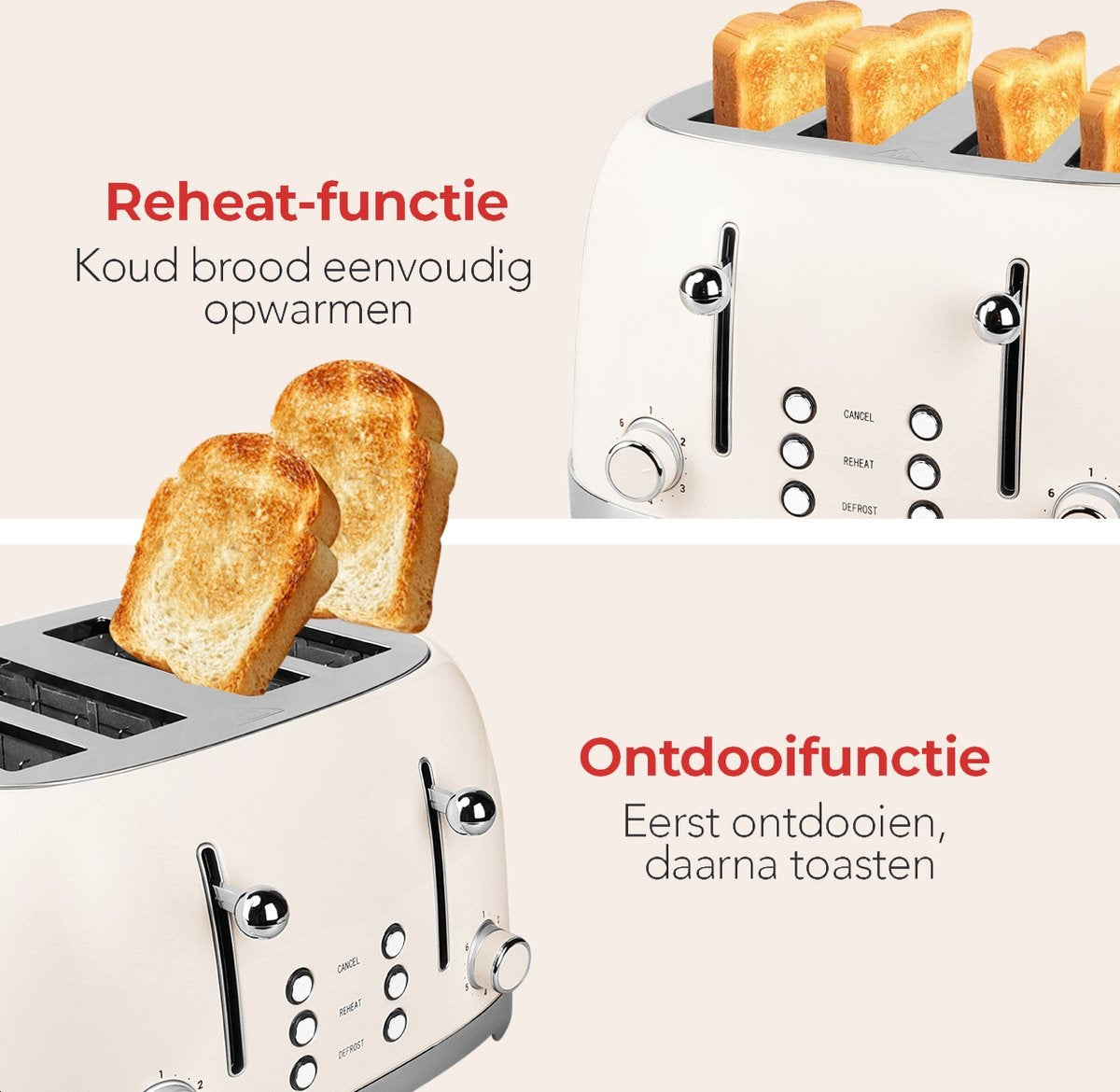 KitchenBrothers Retro Toaster - Grille-pain - 6 niveaux de chaleur - 4 fentes extra-larges - 1630W - Beige