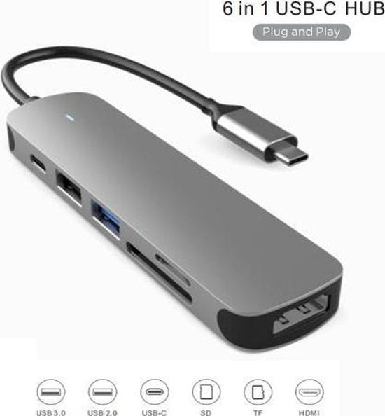 Fuegobird 6 in 1 USB-C HUB - USB3.0 + SD/TF + HDMI + USB-C - Voyant lumineux