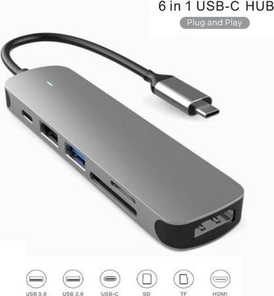 Fuegobird 6 in 1 USB-C HUB - USB3.0 + SD/TF + HDMI + USB-C - Voyant lumineux