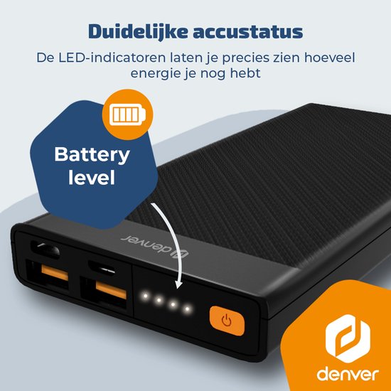 Batterie externe Denver - 10 000 mAh - Charge rapide 22,5 W - Indicateur LED - Kit d'urgence - PQC10008