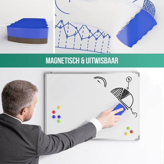 Tableau blanc - Avalo - 60x90 cm - 14 en 1 set - Tableau blanc magnétique incluant marqueurs, aimants et gomme