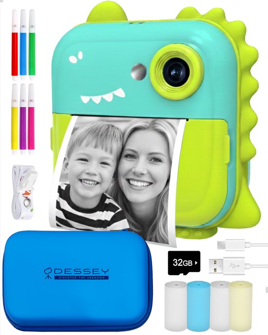 ODESSEY Caméra pour enfants avec imprimante - Full HD - Caméra Selfie - Carte SD 32GB - Photo - Vidéo - Jeux - Caméra numérique pour enfants - Caméra photo pour enfants - Dino