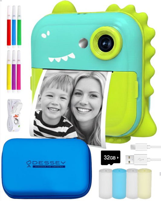 ODESSEY Caméra pour enfants avec imprimante - Full HD - Caméra Selfie - Carte SD 32GB - Photo - Vidéo - Jeux - Caméra numérique pour enfants - Caméra photo pour enfants - Dino
