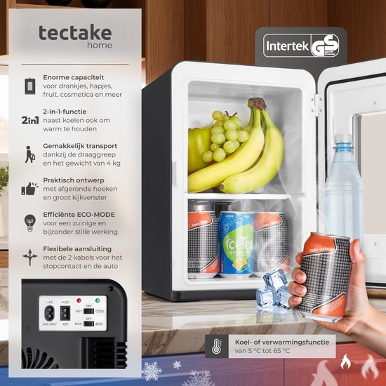 Mini-réfrigérateur de voiture tectake® - Minibar portable 14 L - Fonction 2 en 1 : refroidissement et chauffage - de 5 à 65 °C - Mini-réfrigérateur - Glacière électrique - Alimentation 12 V + 220/240 V - Réfrigérateur de camping portable