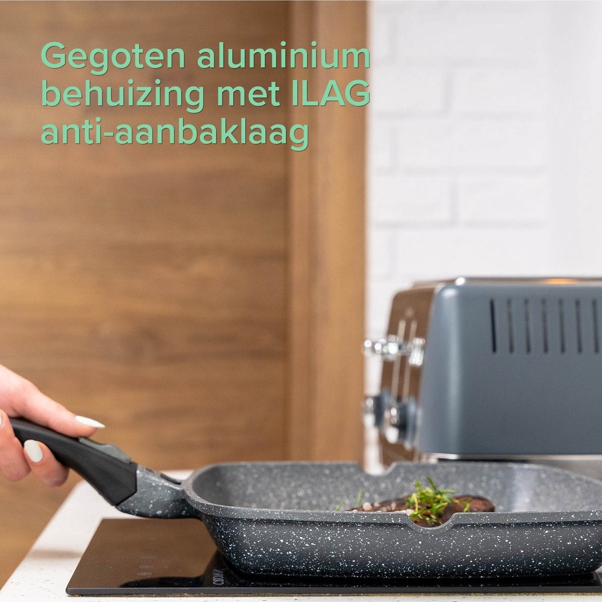 Coninx Grillpan Inductie 28cm - Steakpan Vleespan - Poêle à Grill avec Poignée Amovible - Sans PFAS - Convient à Toutes les Sources de Chaleur - Poêle, Induction - 28x28 CM - Fond Extra Épais - Cadeau de Fête des Pères