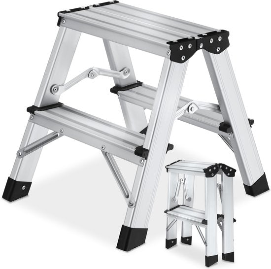 Échelle de cuisine double face en aluminium tectake® - 2 marches - 38,5 cm - Échelle robuste - Marchepied pliable - Échelle ménagère antidérapante