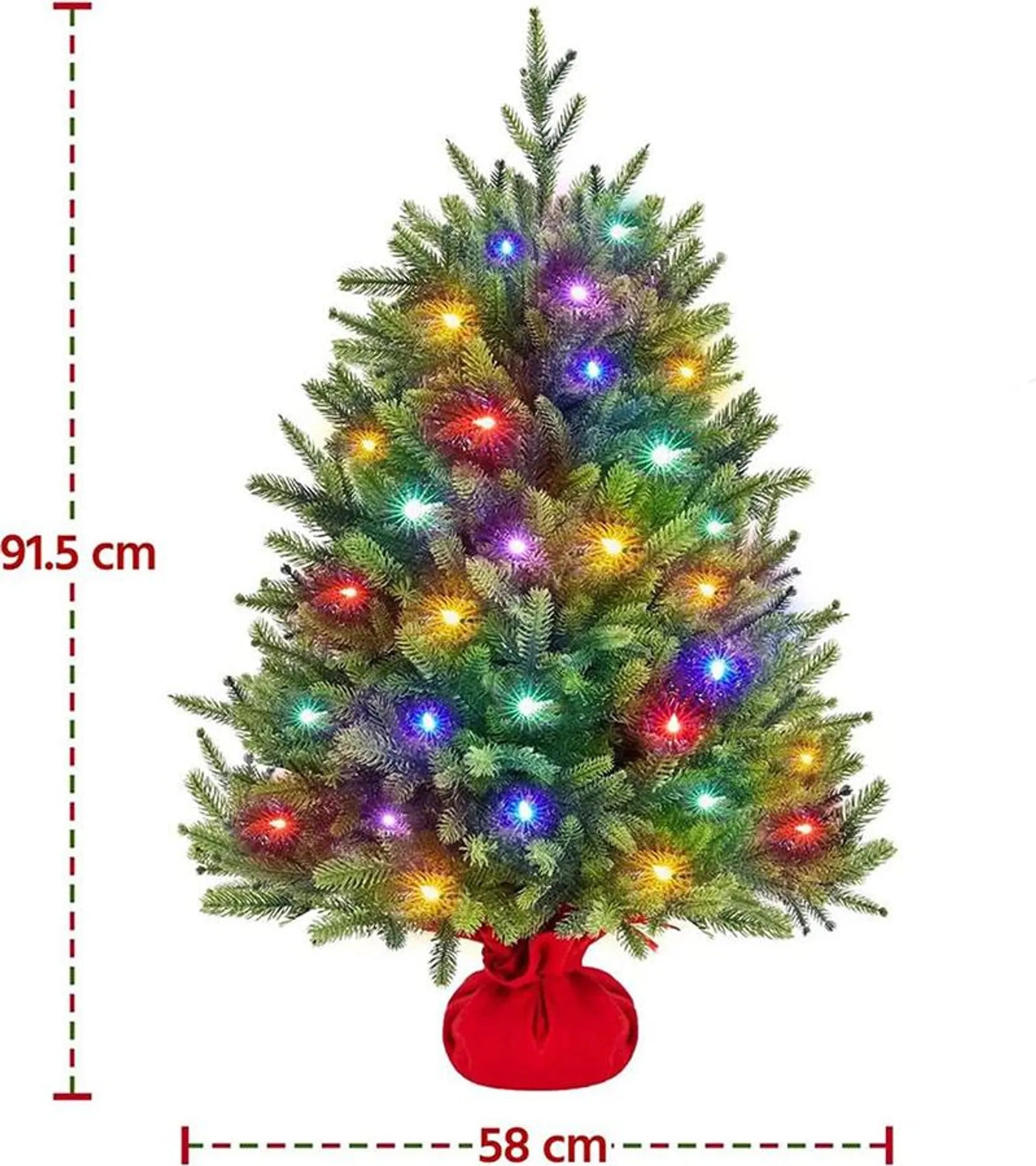 Yaheetech Arbre de Noël Artificiel avec 50 lumières Led colorées - 143 branches, 8 modes d'éclairage et socle en ciment - Pour rebord de fenêtre et table - PVC vert et béton - 58 x 58 x 91,5 cm