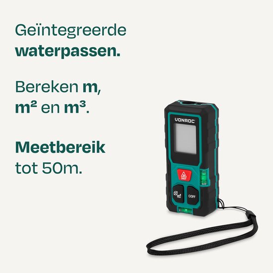 Télémètre laser VONROC – Portée de 50 mètres – Format très compact – Mesure la distance, la surface, le volume, calcul pythagoricien – Comprend des fonctions de calcul pratiques – Piles incluses