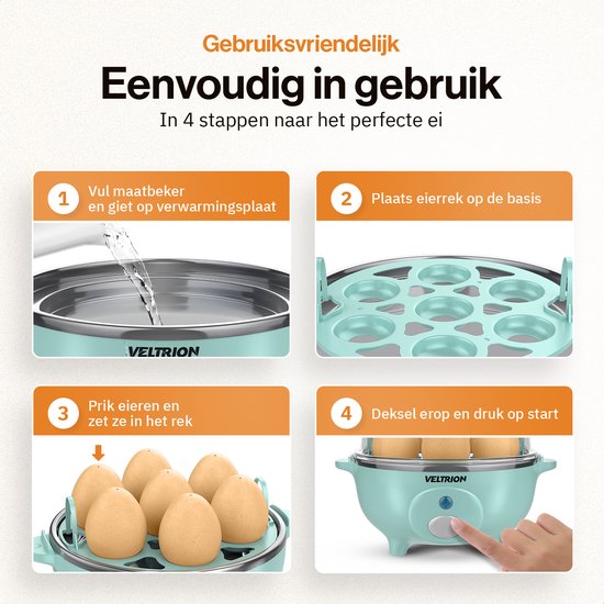 Cuiseur à œufs électrique Veltrion - Jusqu'à 7 œufs - Cuisson, œufs pochés, œufs brouillés et omelettes - Avec minuterie et verre doseur intelligent - Lavable au lave-vaisselle - Bleu