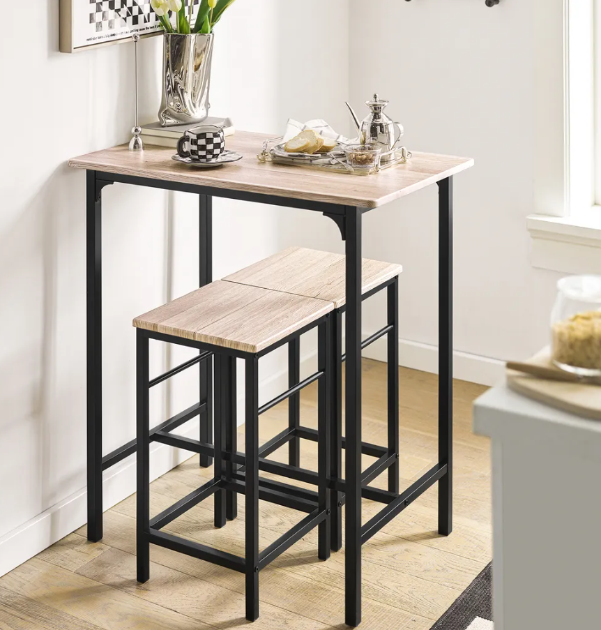 SoBuy Table Bistro - 3 pièces - 2 chaises - Table de bar - Table de salle à manger - 80 x 87 x 50 cm - Chêne / Noir