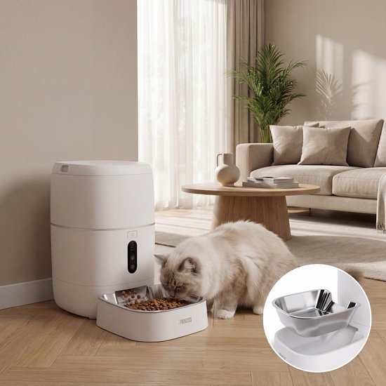Mangeoire automatique Princess - Caméra HD et fonction intelligente - 6 litres – Chat et chien – Commande via application – Repas programmables – Bol en acier inoxydable – Batterie de secours – Distributeur automatique de nourriture – 610065