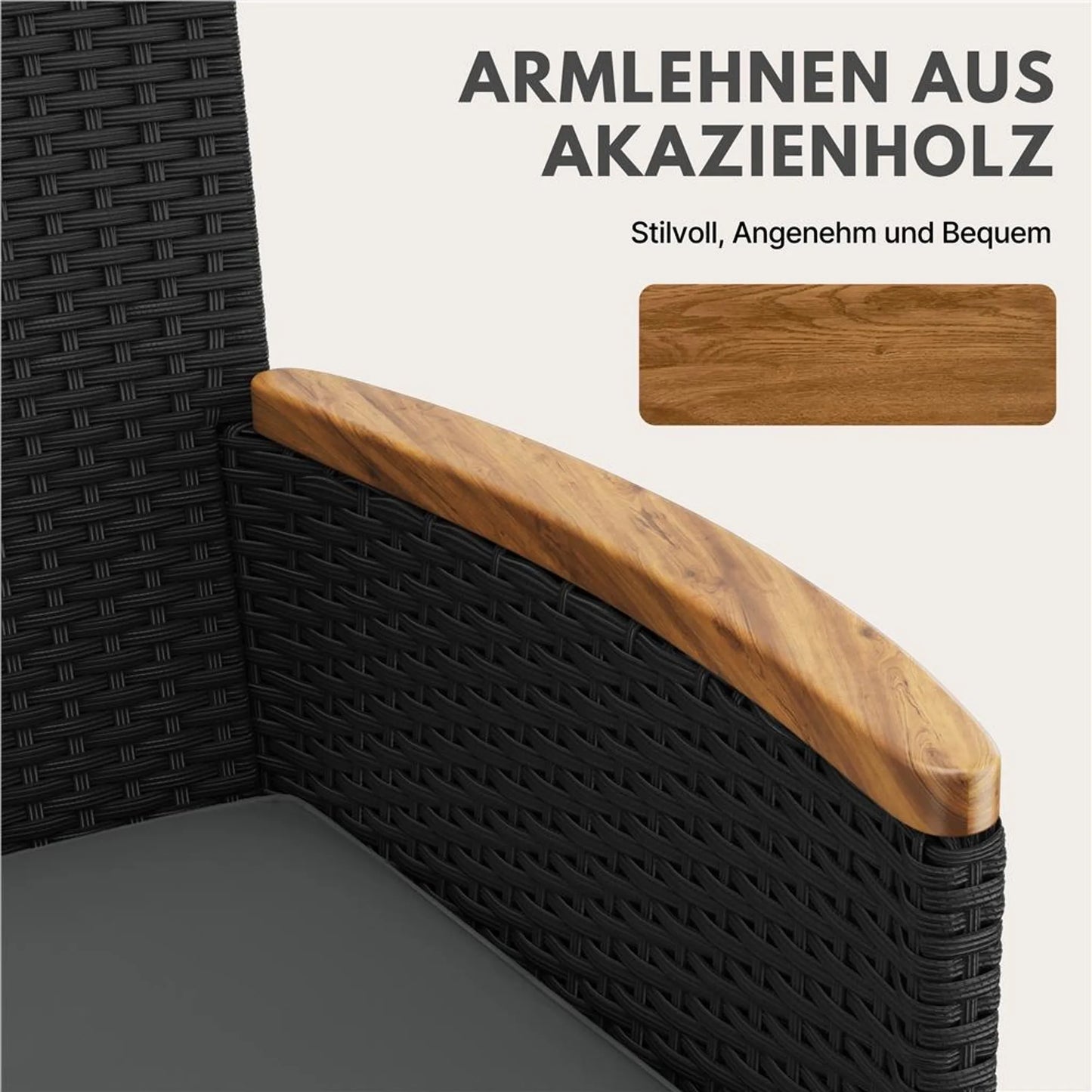 Yaheetech Lounge Set 5-Piece - Comprend deux chaises avec accoudoirs en bois d'acacia, deux ottomans et une table basse en verre trempé - Pour le jardin et le balcon - Métal noir et gris en rotin et bois d'acacia - 62.5 x 60.5 x 84 cm