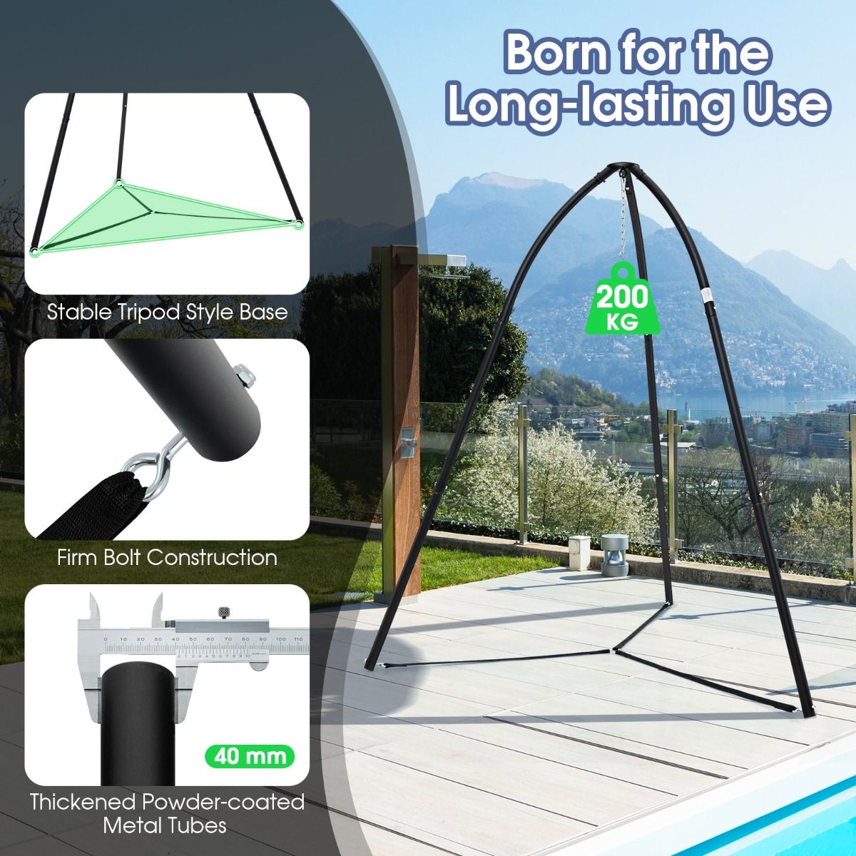 Coast Hanging Basket Stand Black 200 x 218 cm - Support de balançoire en métal lourd avec trépied - Charge utile 200 kg