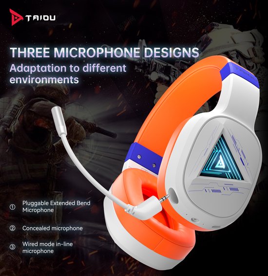 TAIDU THS320Pro - Casque de jeu sans fil 2,4GHz - Casque Bluetooth - avec microphone - Convient pour PS4/PS5, Nintendo Switch - Multiplateforme - Blanc Orange
