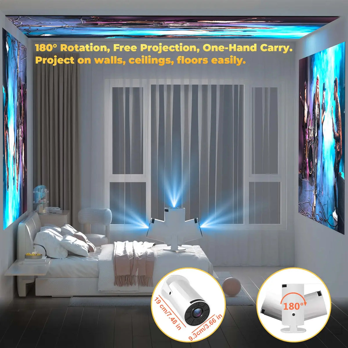 Mini-projecteur portable XBJ - Bleu - Android 11 - Wi-Fi 6 et Bluetooth 5.2 - 200 ANSI - Orientable à 180° - Taille d'image de 40 à 200 pouces - 14 x 11,9 x 21,8 cm
