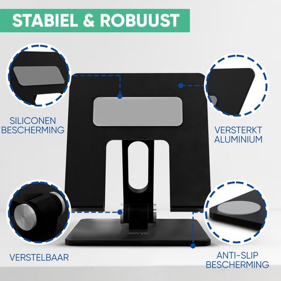 Serve Tablet Holder XL Foldable - Extra Sturdy & Stable - Black Collapsible Stand for Table or Desk - Noir