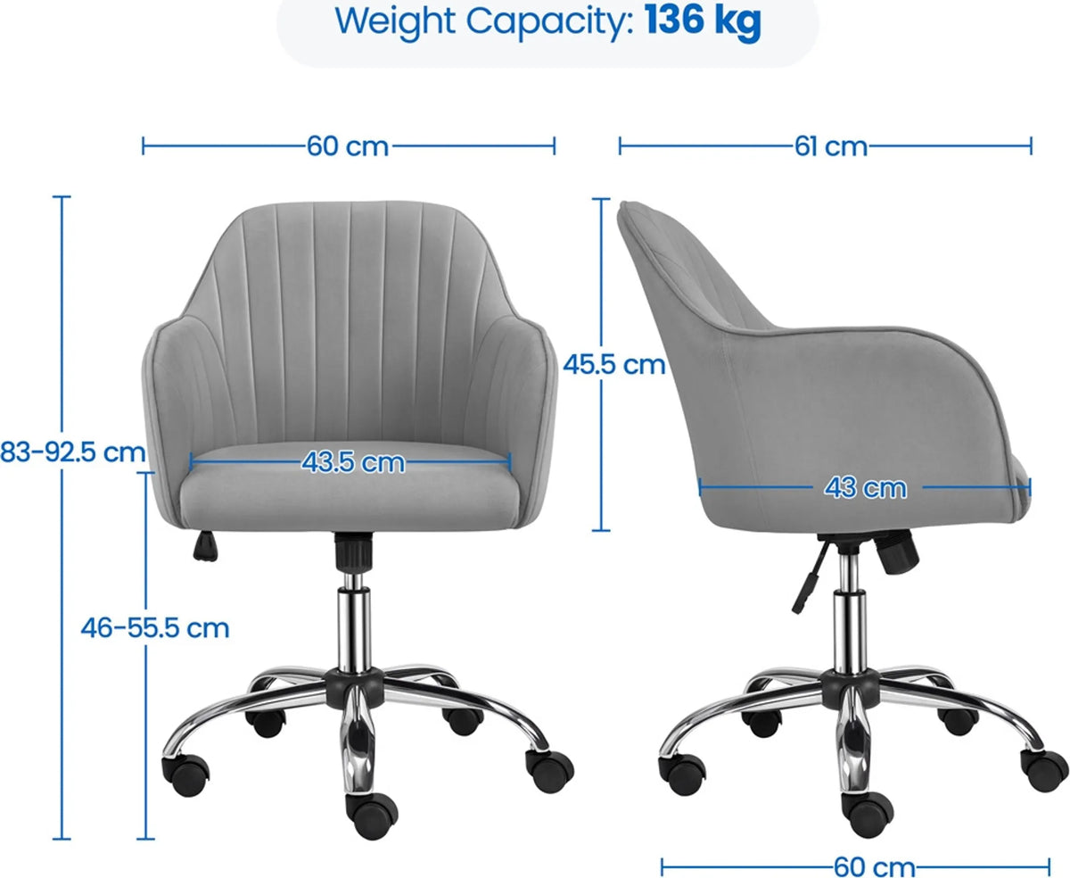 Chaise de bureau ergonomique Yaheetech - avec revêtement en velours de luxe, hauteur réglable par vérin à gaz et roues en nylon pivotantes à 360° - pour le bureau et l'étude - métal gris clair - 60 x 61 x 83-92,5 cm