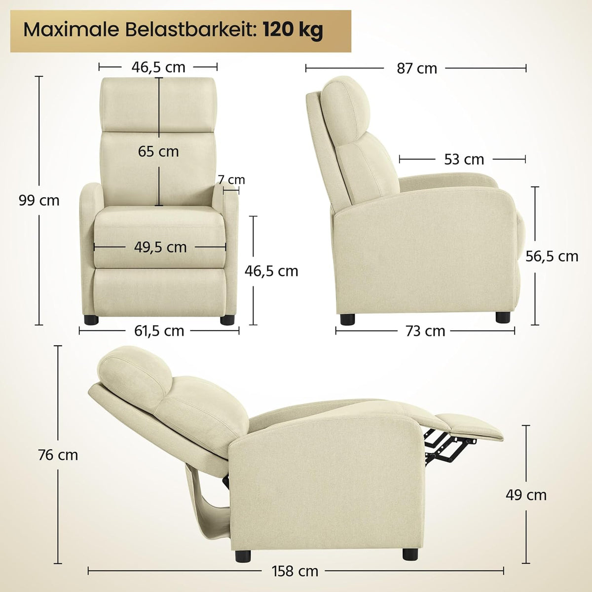 Fauteuil de détente Yaheetech pour regarder la télévision - 87 x 61,5 x 99 cm - Repose-pieds réglable - Beige