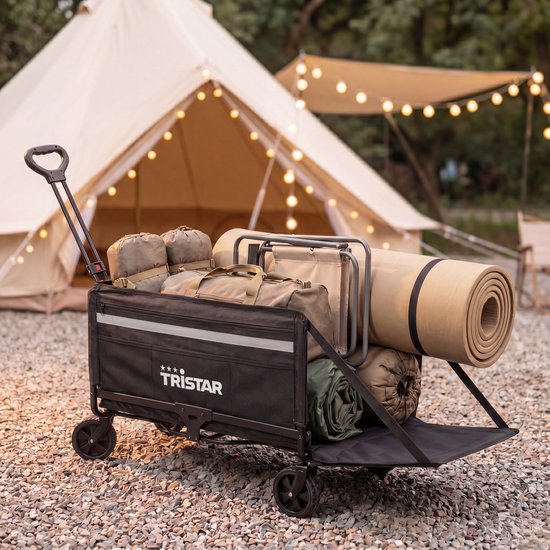 Chariot pliable Tristar – 120 L – Capacité de charge de 100 kg – Acier – Roulettes pivotantes – Chariot pliable avec hayon – Housse imperméable incluse – Compact – Festival – HC‑0917