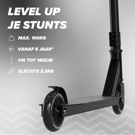 LifeGoods Stuntstep Fly X - 6+ Years - Marchepied pour enfants - Garçons/Filles - 100mm - 100KG - Noir/Blanc