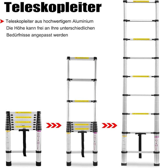 Échelle télescopique - Échelle télescopique pliante - Hauteur de travail - Aluminium - Convient à un usage privé et professionnel - Échelle télescopique pliante - Charge maximale : 150 kg