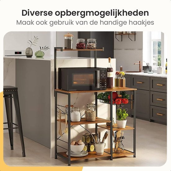 Goliving Armoire de cuisine - Etagère de cuisine verticale - Armoire à micro-ondes - Organisateur - Métal - Bois - 90 x 40 x 132 cm - Marron