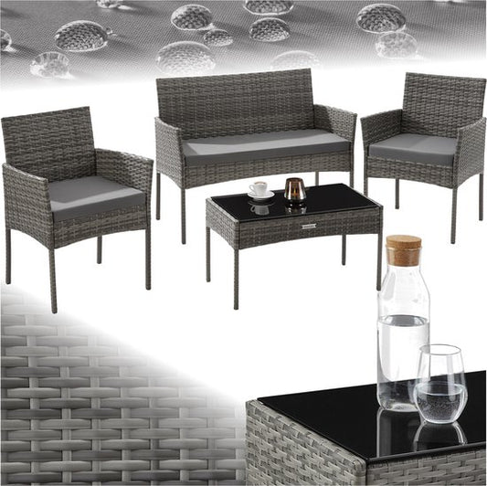 tectake® - Ensemble de jardin en osier Palese - Groupe de sièges pour 4 personnes - Ensemble de meubles de jardin avec banc de salon, table de jardin et 2 chaises de jardin, y compris les coussins d'assise - Meubles de jardin - Résistant à l'eau - Gris