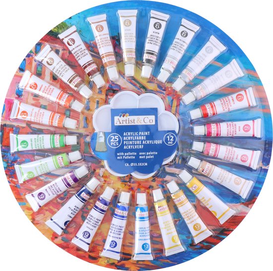 Artist & Co Acrylic Painting Paletteb - 25 Couleurs - à base d'eau - Multicolore
