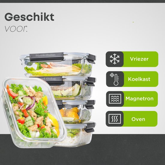 Savoré Kitchen Preserving Trays Set - with Steam Lid - Meal Prep Trays - Freezer Trays Glass - Airtight - 5 Pieces - 1040 ML
